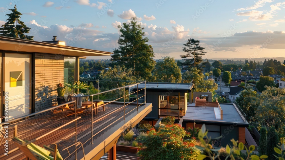 view of a suburban mid-century modern home with a rooftop deck that offers panoramic views of the neighborhood and beyond view of a suburban mid-century modern home with a rooftop deck that offers panoramic views of the neighborhood and beyond