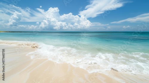 A picturesque turquoise beach, featuring soft white waves meeting the shore under a clear blue sky, offering a perfect representation of an idyllic seaside escape. © Nicholas