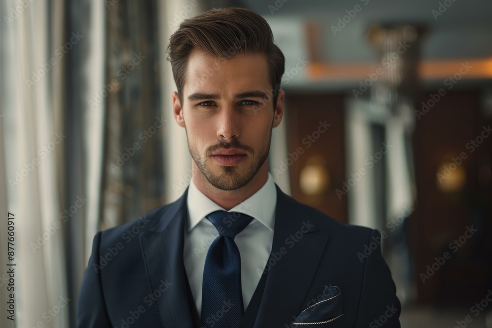 Fototapeta premium Confident businessman is posing in a suit in the lobby of a hotel