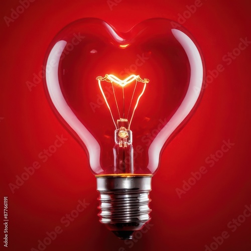 Light bulb with glowing filament in the shape of a heart on a red background, Valentine's Day concept