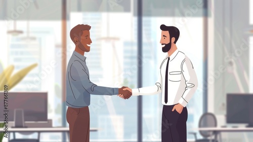 An illustrative image showing two men shaking hands in a brightly lit office setting, indicating a sense of partnership, agreement, and professionalism. photo