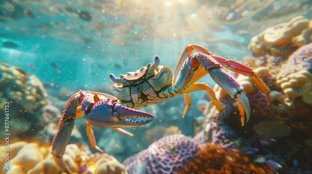 A vividly colored crab swims underwater, surrounded by a beautiful array of corals and sea plants, illustrating the vivid marine life and biodiversity of the ocean.