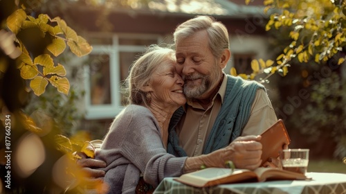 An elderly couple embracing photo