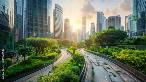 Fototapeta Naklejka Na Ścianę i Meble -  Dynamic Cityscape: Green Spaces and Bike Lanes in Sustainable Urban Planning