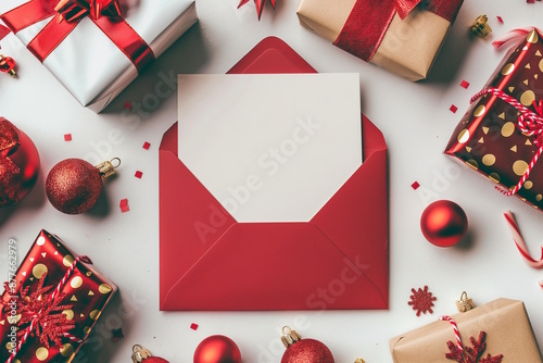 Blank card in a red envelope surrounded by Christmas decorations and gifts. Concept for Christmas greetings and New Year holidays