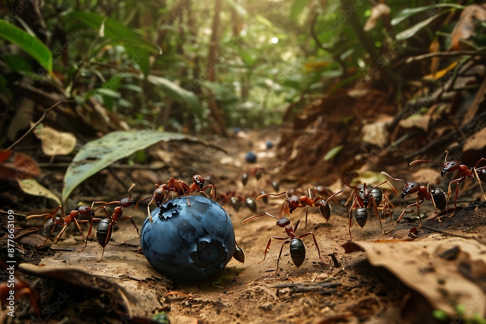 A colony of ants working together to roll a giant blueberry across a forest path. A colony of ants working together to roll a giant blueberry across a forest path.