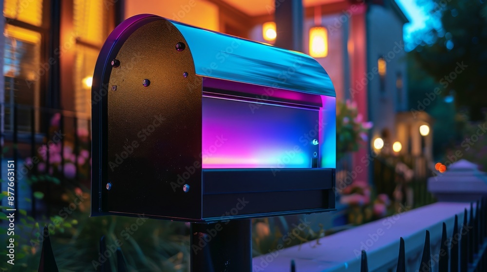 A black mailbox with colorful lights shines brightly on a porch at night. The surrounding house is visible in the background. A black mailbox with colorful lights shines brightly on a porch at night. The surrounding house is visible in the background.