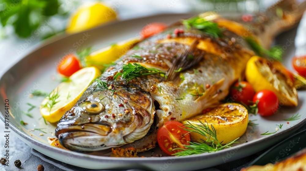 Tasty baked fish on plate on table close-up Tasty baked fish on plate on table close-up