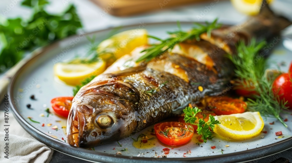 Tasty baked fish on plate on table close-up Tasty baked fish on plate on table close-up