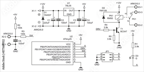 Schematic diagram of electronic device on sheet of paper. Vector drawing electrical circuit with connector, 
resistor, capacitor, integrated circuit,
led, microcontroller, voltage stabilizer. 