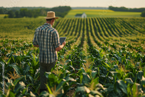 Farmer inspecting crops in a green field under a clear sky.