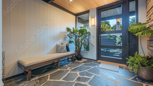 Entryway of a suburban mid-century modern home with a custom-made bench and stone flooring