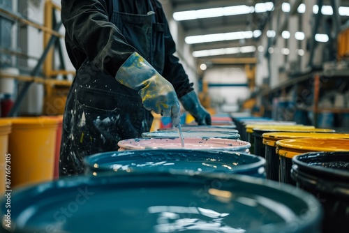 Close-up of a worker's hands stirring a vibrant pink paint in a manufacturing setting photo