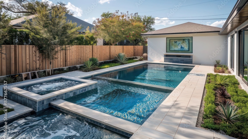 Obraz premium Mid-century modern suburban backyard with a geometric pool and integrated spa surrounded by privacy fencing