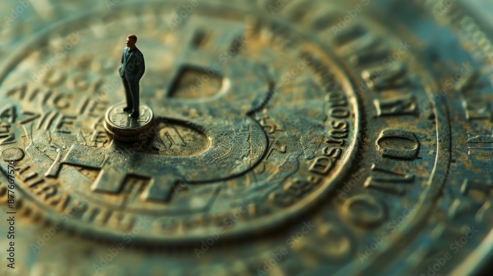 Miniature businessman standing on a Bitcoin coin symbolizing the cryptocurrency market. Miniature businessman standing on a Bitcoin coin symbolizing the cryptocurrency market.