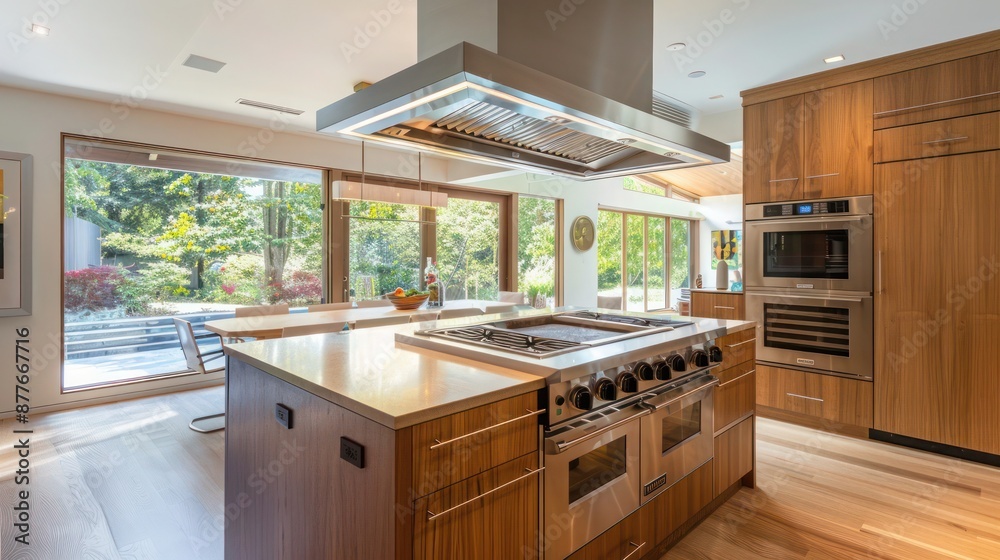 Mid-century modern suburban kitchen with a central island that features a built-in teppanyaki grill and overhead exhaust Mid-century modern suburban kitchen with a central island that features a built-in teppanyaki grill and overhead exhaust
