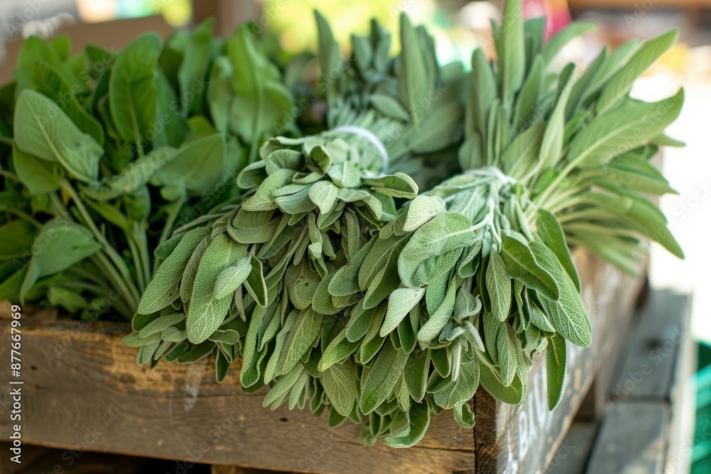 Obraz premium Freshly harvested sage bundles ready for sale at a farmers market