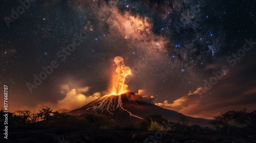 Spectacular Night Sky Eruption of a Majestic Volcano photo