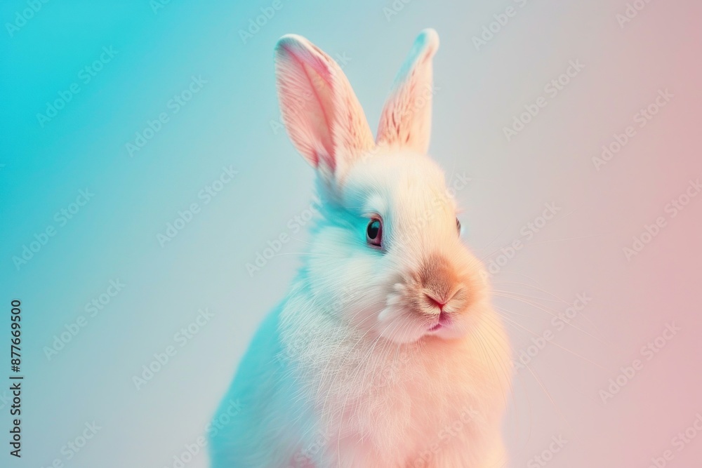 White bunny is posing on a studio background illuminated with pink and blue lights White bunny is posing on a studio background illuminated with pink and blue lights