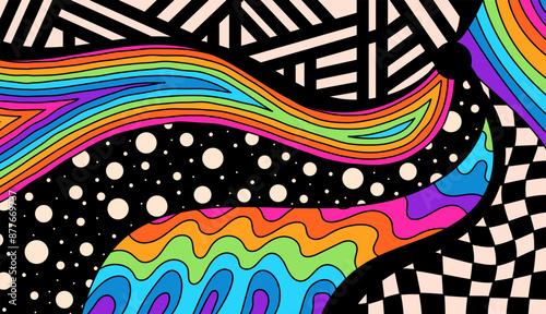 Zentangle coloring page for adult. Psychedelic groovy color background.