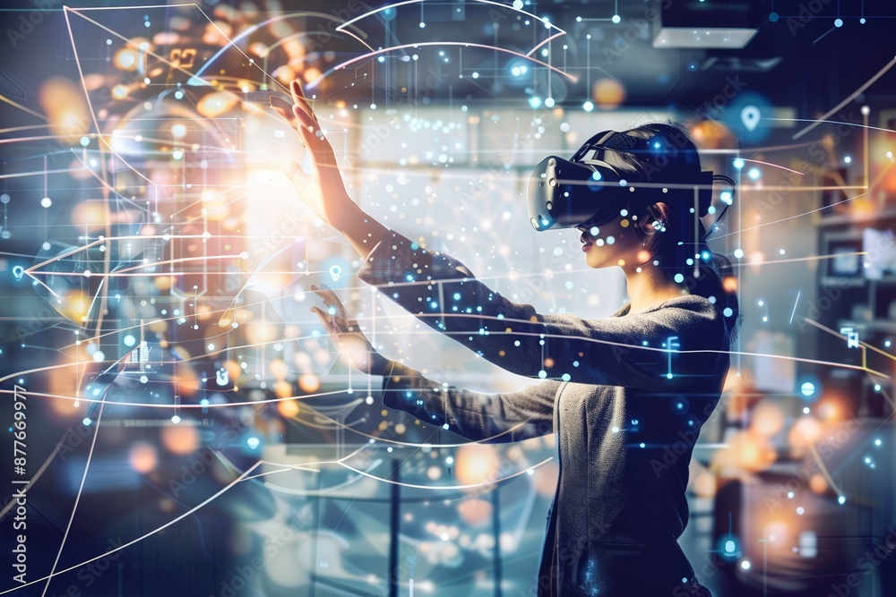 Woman Interacting with Virtual Reality in Tech Environment
Woman Interacting with Virtual Reality in Tech Environment