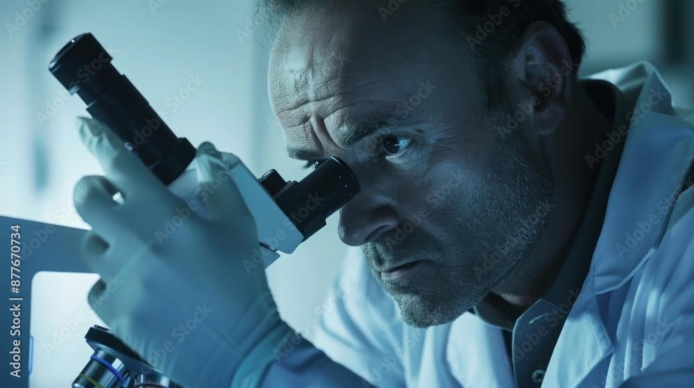 Scientist Examining a Specimen Under a Microscope in a Laboratory Scientist Examining a Specimen Under a Microscope in a Laboratory