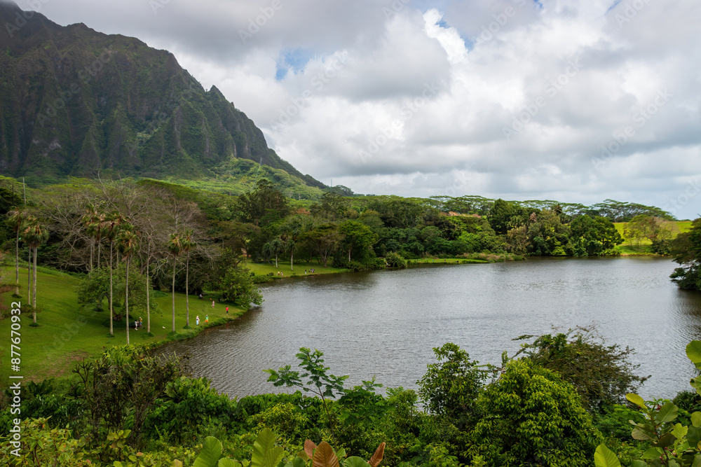 Scenic view of Ho'omaluhia Botanical Garden from Kahua Kuou overlooking Loko Waimaluhia reservoir on the Hawaiian Island of Oahu, USA against cloudy sky Scenic view of Ho'omaluhia Botanical Garden from Kahua Kuou overlooking Loko Waimaluhia reservoir on the Hawaiian Island of Oahu, USA against cloudy sky