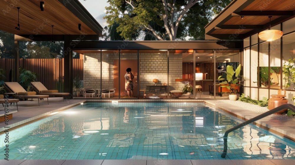 custom made wallpaper toronto digitalMid-century modern suburban pool area with custom tile work and a vintage-style poolside cabana