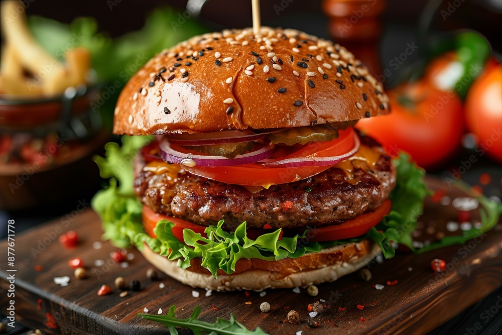 Fresh tasty burger served on wooden board with french fries and tomatoes on background Fresh tasty burger served on wooden board with french fries and tomatoes on background