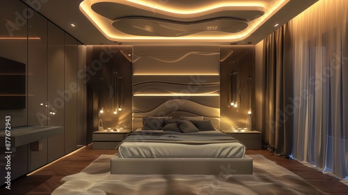 Suburban contemporary bedroom with an artistic ceiling design and integrated mood lighting © Ramzan