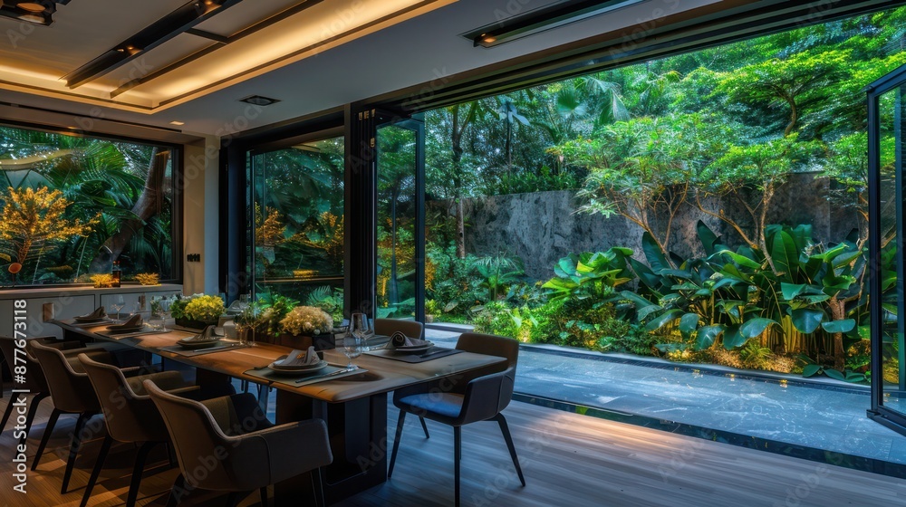 Naklejka premium Suburban contemporary dining space with a retractable glass wall that opens to a lush outdoor garden