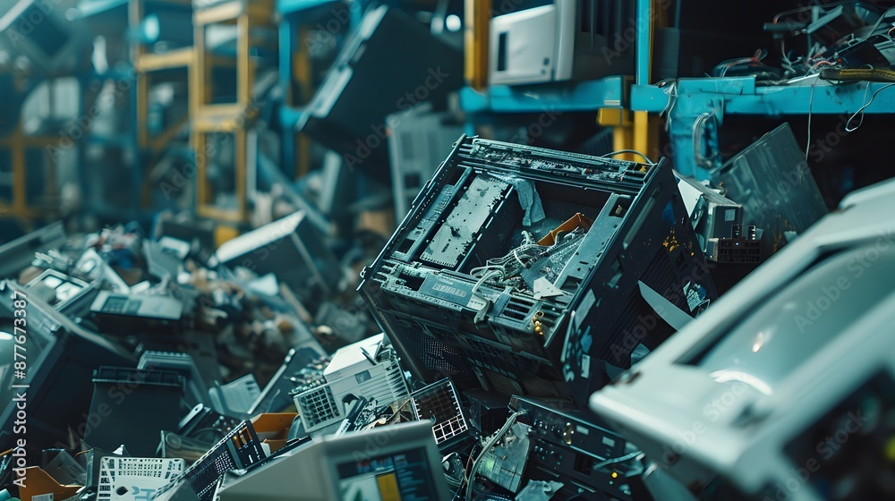 Sorting ewaste separating recyclables and removing hazardous materials in a tech recycling facility. Concept E-waste recycling, Hazardous materials removal, Recyclables separationSorting ewaste separa