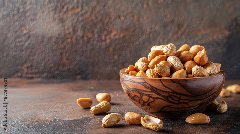 Peanuts roasted in a wooden bowl on classic table background blank space Peanuts roasted in a wooden bowl on classic table background blank space
