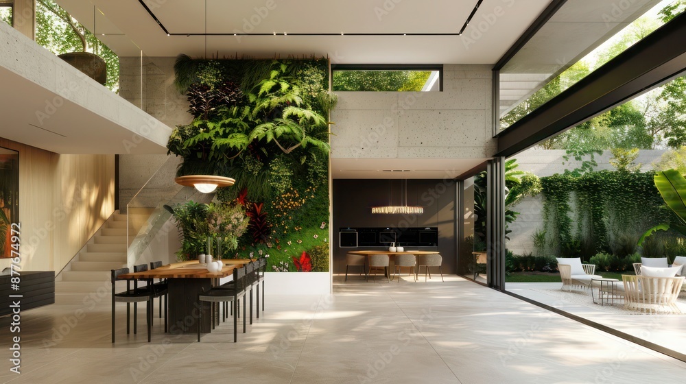 Suburban contemporary home with a biophilic design, including indoor plant walls and natural materials Suburban contemporary home with a biophilic design, including indoor plant walls and natural materials