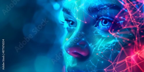 Futuristic hologram of a seafoamcolored digital face with AI neuron connections. Concept Futuristic Technology, Hologram Art, Digital Art, Artificial Intelligence, Neuron Connections