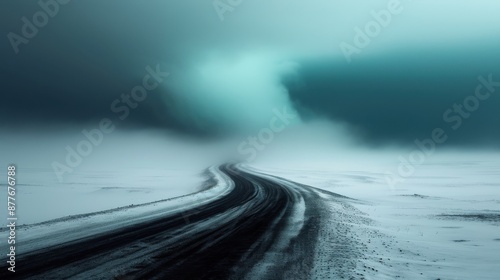 A lonely road cuts through a vast snowy landscape under a looming stormy sky, depicting solitude and the harsh beauty of winter weather in a minimalistic yet dramatic setting.