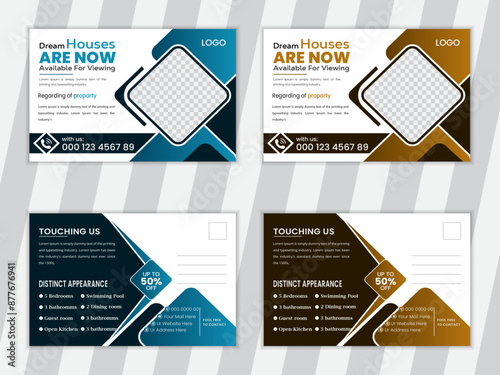 Modern real estate business postcard design template. flyer cover vector illustration