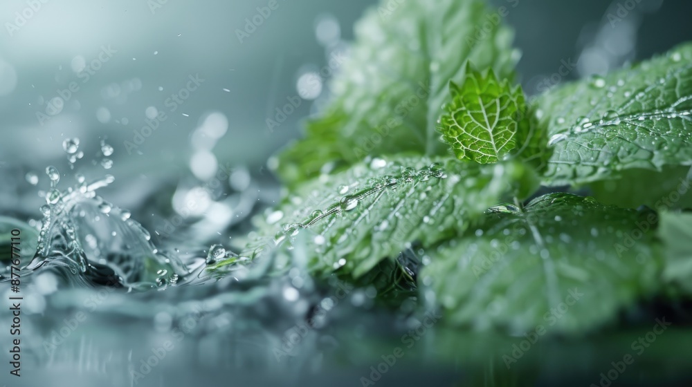 A detailed close-up view of vibrant green leaves covered in fresh water droplets, with additional droplets falling around them, showcasing the beauty and fresh essence of nature. A detailed close-up view of vibrant green leaves covered in fresh water droplets, with additional droplets falling around them, showcasing the beauty and fresh essence of nature.