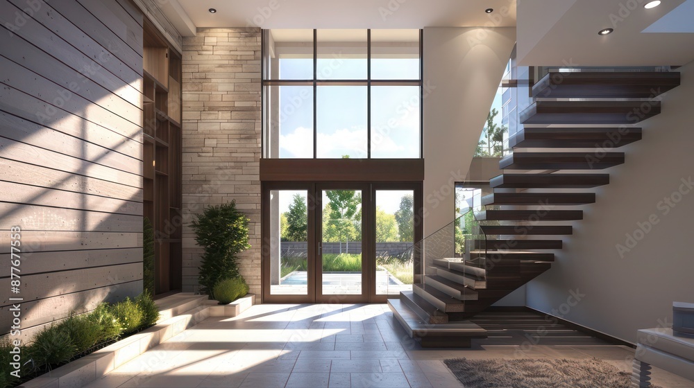 Obraz premium Suburban contemporary home with a dramatic entryway featuring a floating staircase and a two-story window
