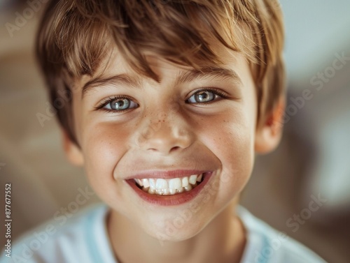 Portrait of a smiling boy with healthy teeth looking at the camera. Health concept. Healthy smile