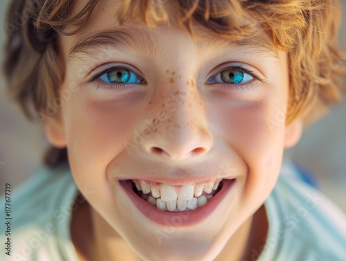 Portrait of a smiling boy with healthy teeth looking at the camera. Health concept. Healthy smile