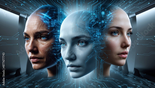 the world of photo-realistic AI with a stunning graphic showcasing hyper-detailed digital faces and lifelike textures that blur the line between reality and technology
