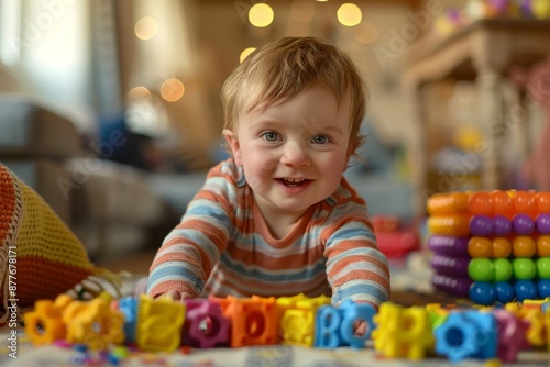 Smiling baby boy playing with colorful toys on the floor. Child development and playtime concept