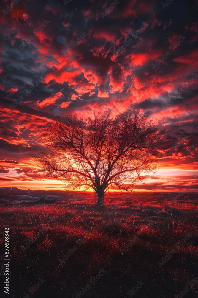 Fototapeta premium A single tree stands tall in a vast open field as the sun sets in the background, creating a beautiful and peaceful scene