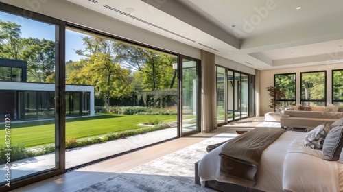 Suburban contemporary master suite with floor-to-ceiling retractable glass walls that open to a private garden