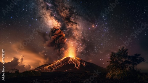 Spectacular Night Sky Eruption of Fiery Volcanic Lava and Ash photo