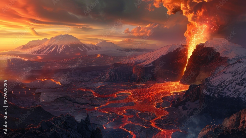 Fototapeta premium Molten Fury: A Volcanic Eruption Engulfs the Landscape in Fiery Splendor