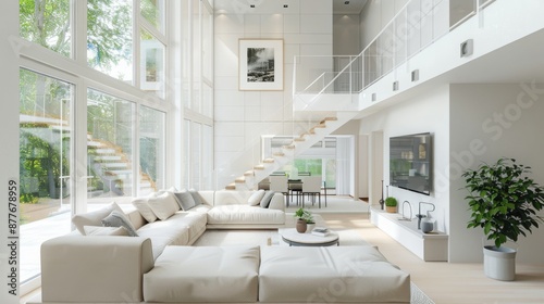 Modern living room with comfortable sofas, pastel colored walls, large windows and stairs to the second floor