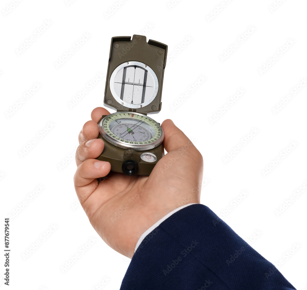 Man holding compass on white background, closeup Man holding compass on white background, closeup