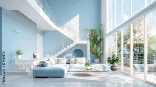 Modern living room with comfortable sofas, pastel colored walls, large windows and stairs to the second floor. 